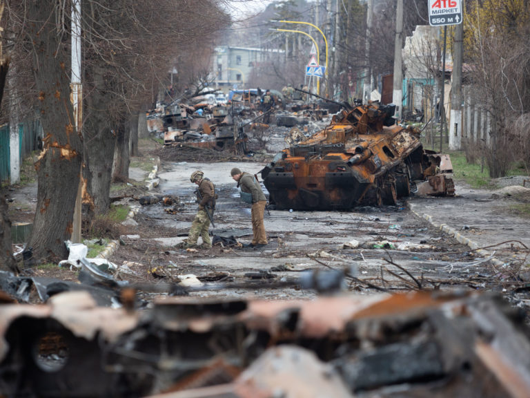 Bucha main street after Russian invasion of Ukraine to scaled e