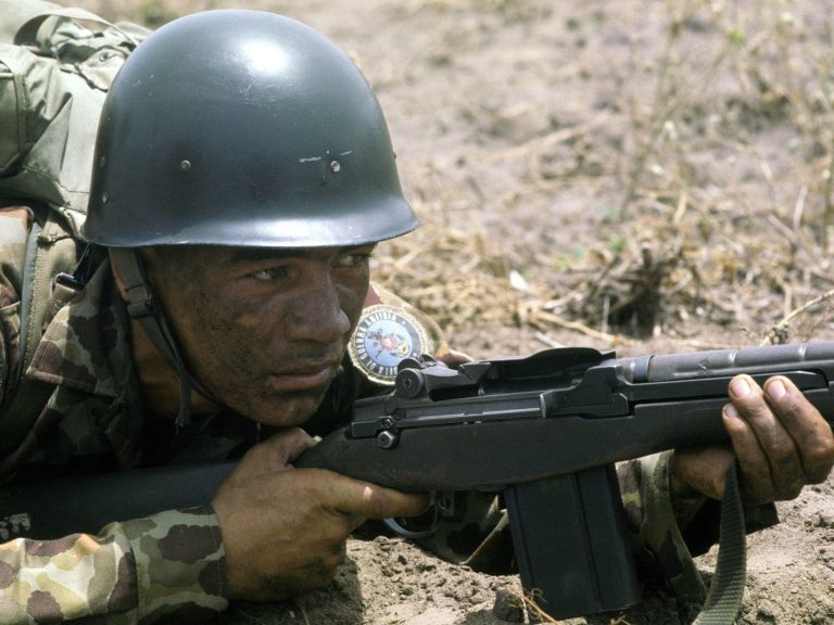 A Colombian Marine armed with an M rifle participates in the joint US and Colombian counterinsurgency Exercise FUERZAS UNITAS  DF ST   e